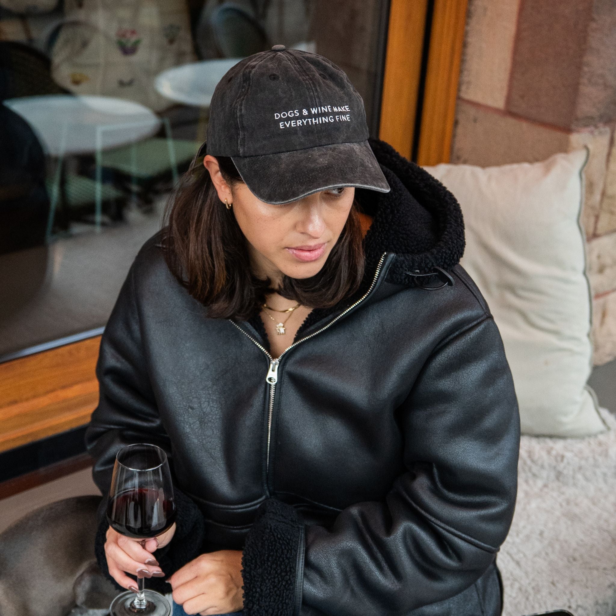 Black Denim Cap - Dogs & Wine Make Everything Fine
